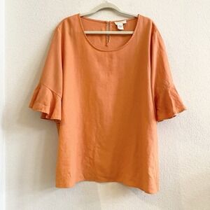 Cynthia Rowley Womens‎ Linen Blouse 2X Flutter Bell Sleeve Scoop Neck Orange